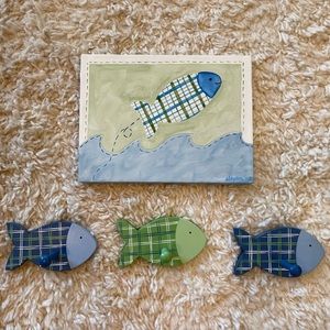 Hand painted canvas fish print and three wooden fish hooks